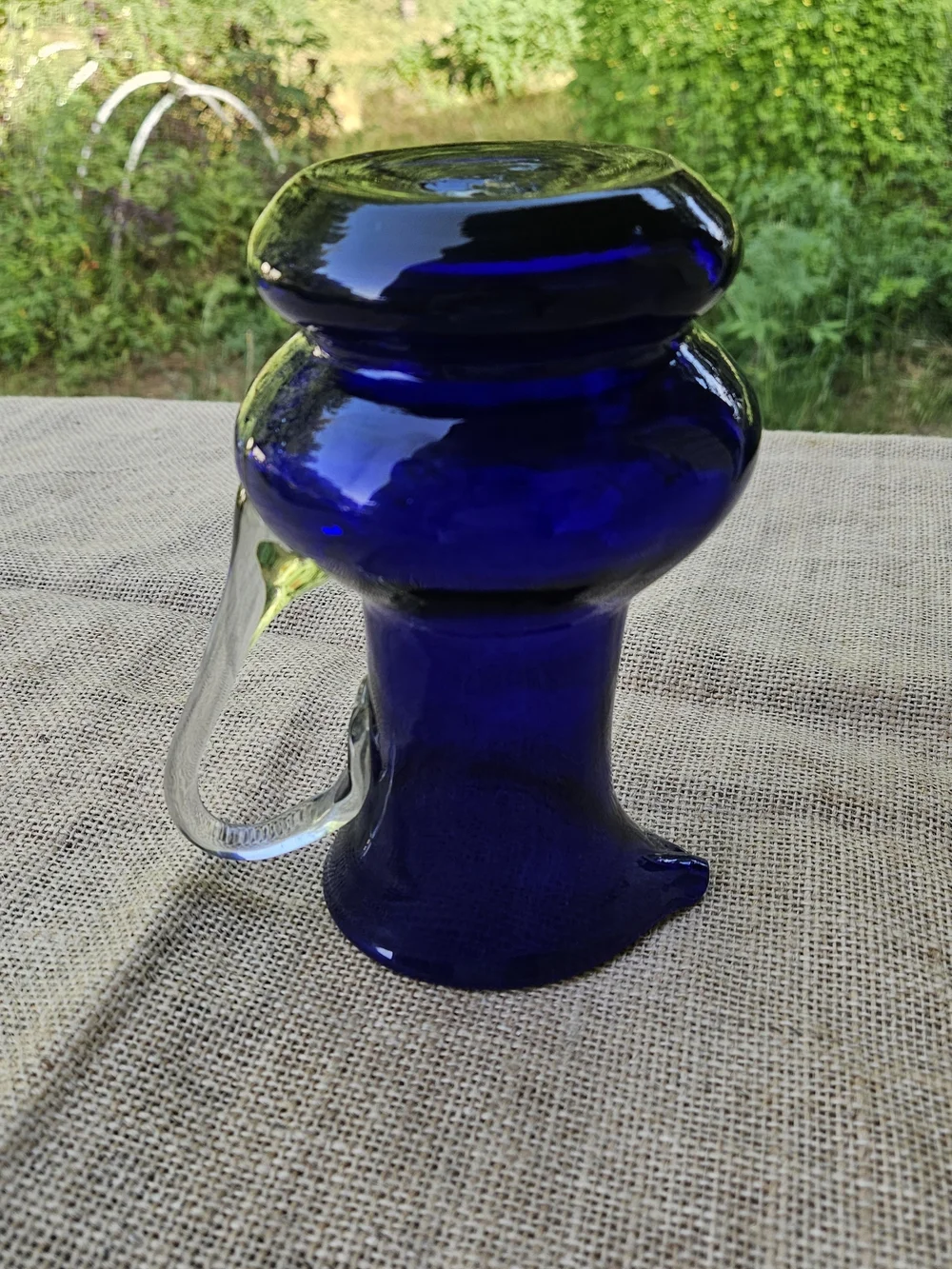 Cobalt Blue Art Glass Pitcher with Clear Handle Makes a Nice Vase - Picture 2 of 12